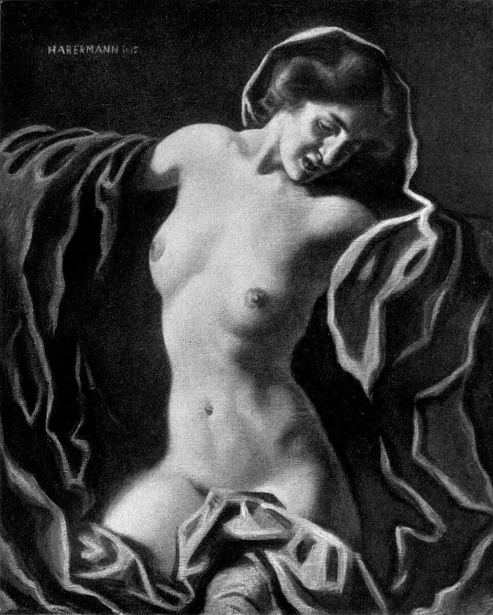 Hugo von Habermann - Seminuda con cappotto rosso